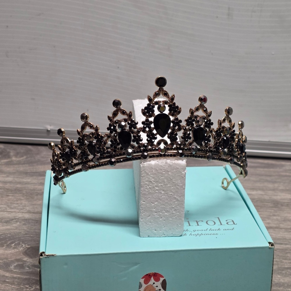 Kamirola Black Rhinestone Queen Crown Antique Gold Gothic Tiara Wedding Party